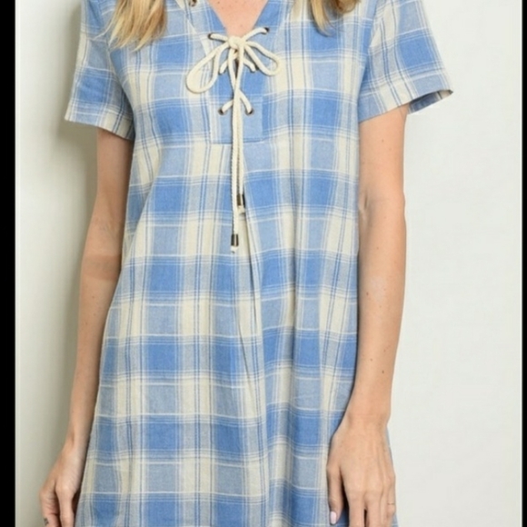A Girl Thing Dresses & Skirts - Cream and Light Blue Plaid Lace Up Dress▪︎S